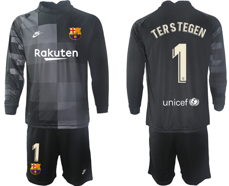 Men 2021-2022 Club Barcelona black goalkeeper Long Sleeve #1 Soccer Jersey